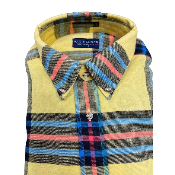 Vtg 90s Van Heusen Yellow Plaid Button-Down Long Sleeve Shirt Winterweights Sz M - Picture 3 of 6